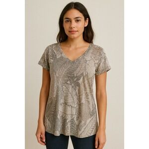 Democracy Women's Blouse Top Medium Patterned Short Sleeve V-neck Linen Blend
